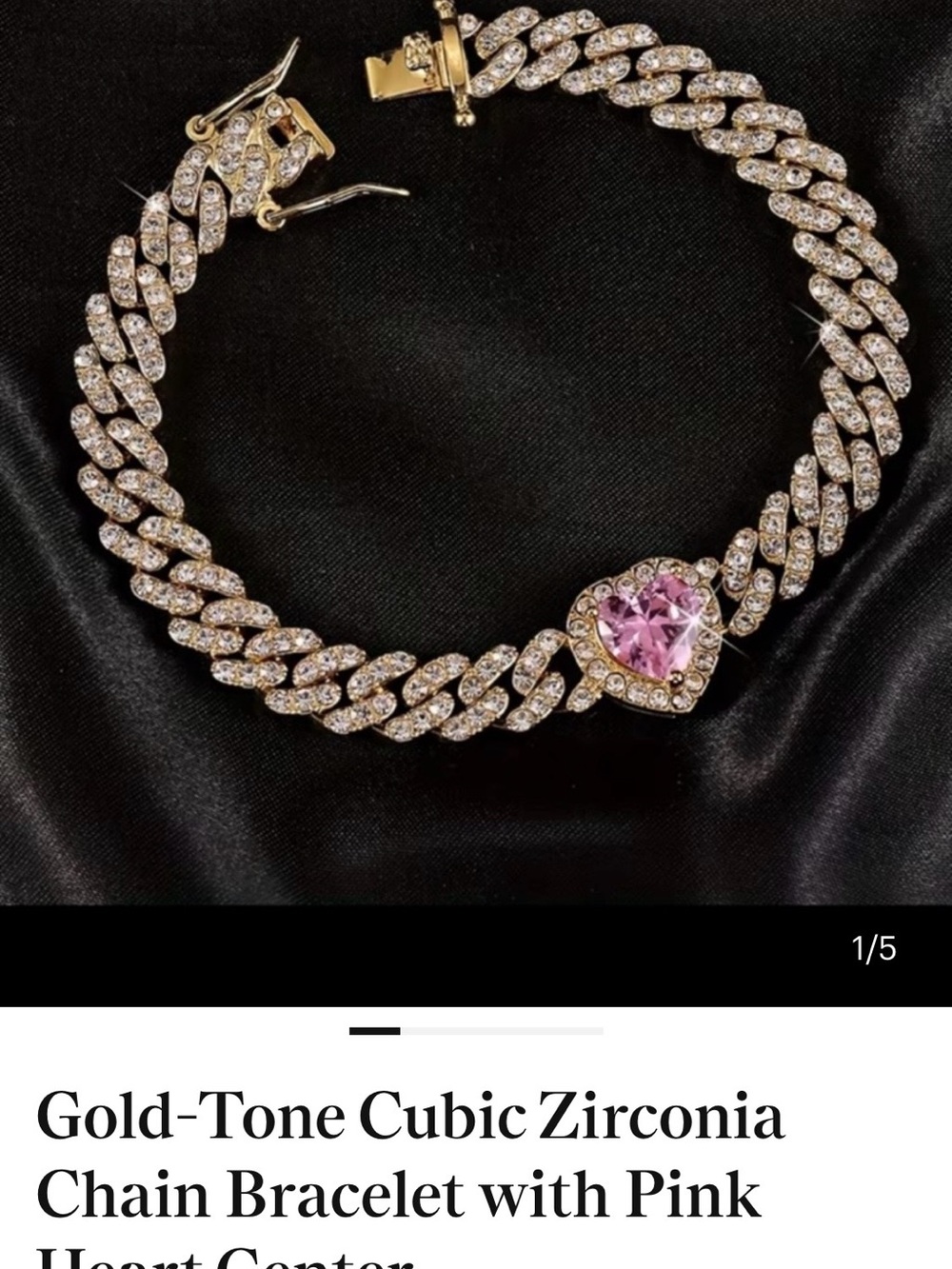 Gold-Tone Cubic Zirconia Bracelet with Pink Heart Center